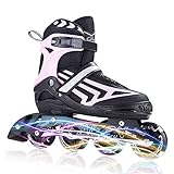 ITurnGlow Kids and Adults Adjustable Inline Skates with Full Light Up Wheels, Safe and Smooth Beginner Roller Skates for Girls and Boys, Men and Women