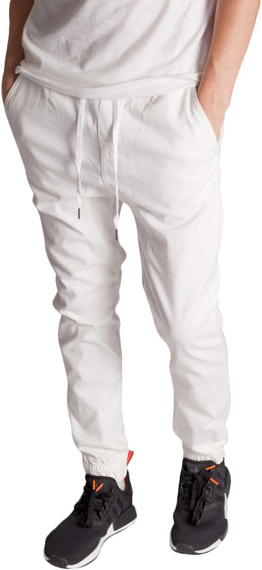 KDNK Men's Jogger Fit Stretch Twill Elastic Waist and Leg Drop Crotch Pants (30, White)