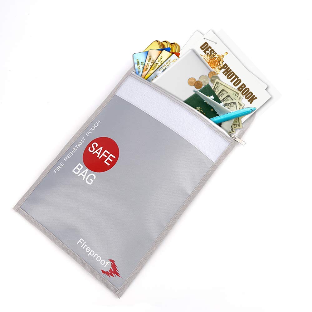 Fireproof Document Bag Case 15" x 11" Non-Itchy Silicone Coated Fire Resistant & Waterproof Money Storage Pouch for Documents, Jewelry and Passport