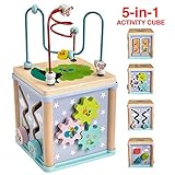 Gleeporte New | 5-in-1 Wooden Activity Play Cube | Deluxe Multi-Function Bead Maze Learning Toy for Toddlers and Kids | Ideal Gift