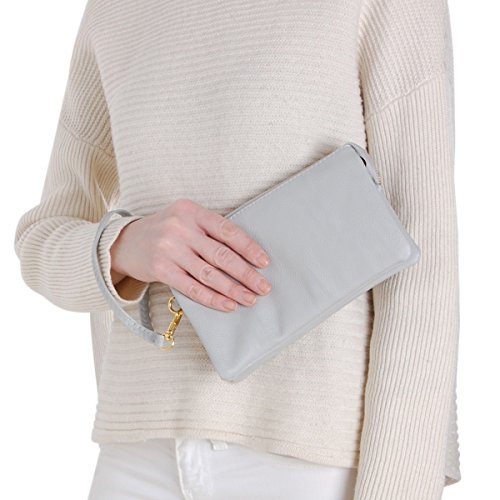 Humble Chic Vegan Leather Small Crossbody Bag or Wristlet Clutch Purse, Includes Adjustable Shoulder and Wrist Straps, Dove Grey, Light Gray - Thumbnail 4
