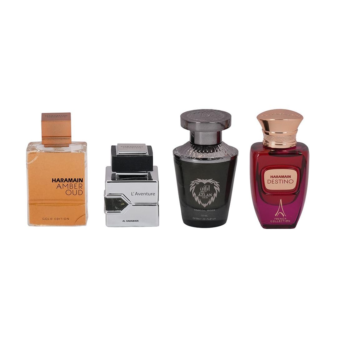 Al Haramain Fragrance Gift Set for Men & Women – 4×10ml each, (Amber Oud Gold Edition + L'aventure + Azlan Oud Charcoal Edition + Destino) Image