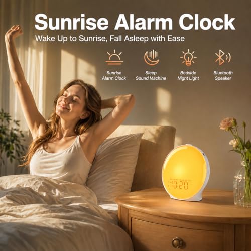 Wake Up Light Sunrise Alarm Clock for Kids, Heavy Sleepers, Bedroom, with Sunrise Simulation, Sleep Aid, Dual Alarms, FM Radio, Snooze, Nightlight, Daylight, 7 Colors, 7 Natural Sounds, Ideal for Gift
