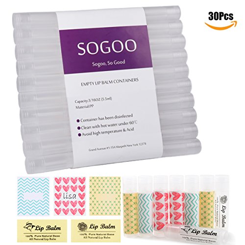 30Pcs Lip Balm Containers, Empty Lip Balm Tubes 3/16 Oz (5.5ml) ,Clear tubes for DIY & Homemade Lip Blams-Including 30 Writeable Lip Balm Stickers