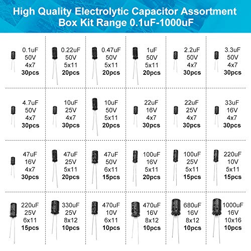LeanKing Electrolytic Capacitors,500PCS 24 Value Assorted Assortment Kit Set with Clear Plastic Box to Carry Convenient Range 0.1uF-1000uF