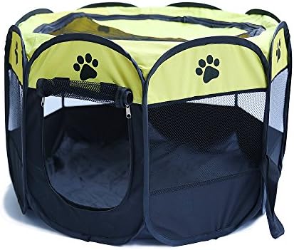 Petoice 2-Door Foldable Portable Mesh Pet Playpen Kennel Pens for Dogs Cats Rabbits Outdoor Indoor,Yellow,M(35.4" L x 35.4" W x 23.6" H)