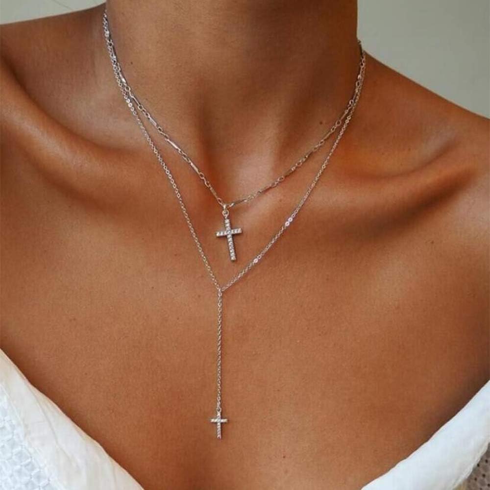 Anglacesmade Layered Choker Necklace Cross Necklace Rhinestone Cross Charm Pendant Necklace Bohemia Jewelry for Women and Girls(Gold)