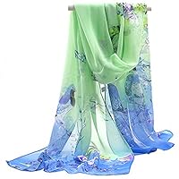 Sanwood Ladies Chiffon Scrawl Flower Printed Wrap Scarf (Blue+Green)