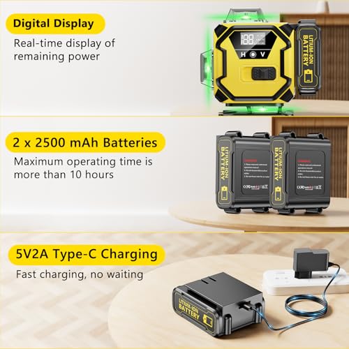Laser Level 360 Self Leveling, 16 Lines 4×360° Green Pulse Mode Levels for Floor Tile Wall Picture Hanging Construction, 4D Leveler Outdoor Tool with 2 Rechargable Batteries Hard Carry Case