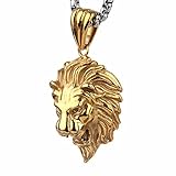 COPAUL Jewelry Punk Men's Stainless Steel Animal Lion Head Shape Pendant Necklace,Gold Color
