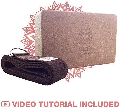 Cork Yoga Block with 6' Strap, Set is for Fitness, the Gym and Pilates, Tested &amp; Guaranteed to Improve Poses, Strength and Balance (9"x6"x4") by ULTY