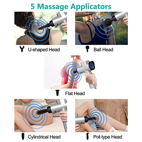 Massage Gun, Upgraded 20 Adjustable Speed Deep Tissue Percussion Muscle Rechargeable Massager - with 6 Massage Heads and Portable Bag for Deep Handheld Muscle Tissue Electric Body Massage, Silver
