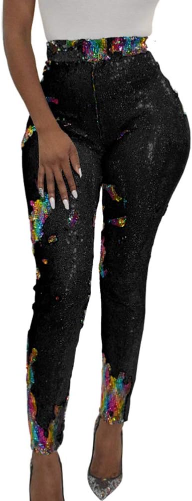 Women's Plus Pants Leggings Reversible Sequins Long Pencil Pants Black Trousers XL