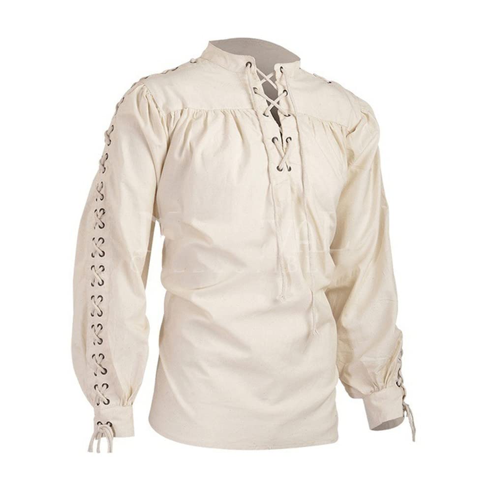 BaronHong Men's Pirate Shirt Viking Steampunk Retro Renaissance Medieval Gothic Victorian Halloween Costume(Beige,2XL)