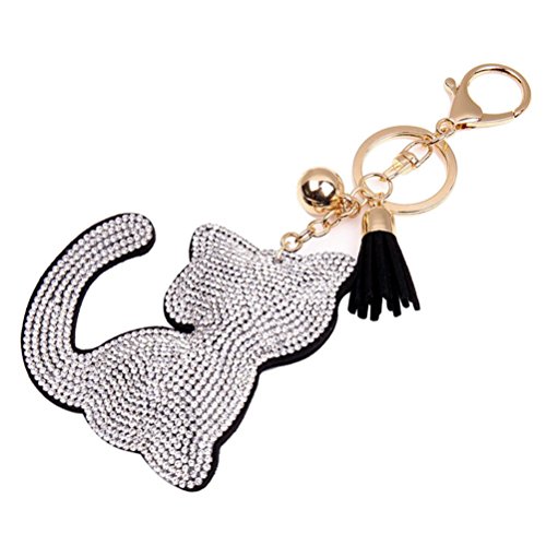 SUPPION Rhinestone Tassel Cat Keychain Bag Charm Pendant Key Ring (White)