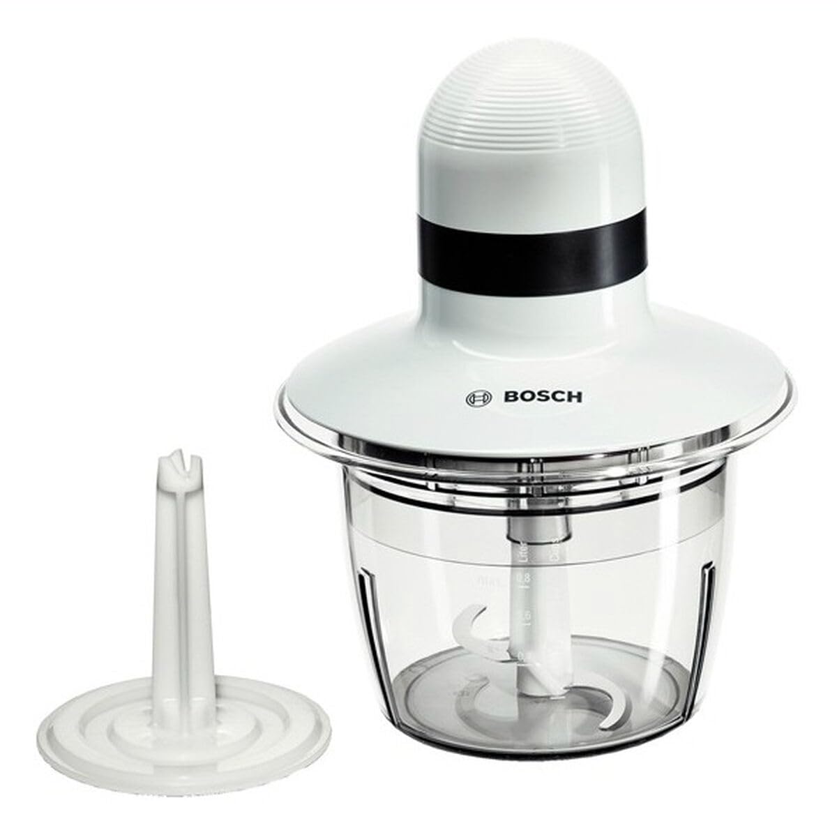 Bosch Universalzerkleinerer, elektrisch, schnell, Klingen aus Edelstahl, 800 ml Behälter, Scheibe zum Sahne schlagen, weiß, 400 W, MMR08A1
