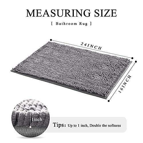 Premium Chenille Bathroom Rug Mat,Extra Soft and Absorbent Shaggy Bathroom Shaggy Rugs,Machine Wash/Dry, Luxury Plush Carpet Mats for Tub, Shower, and Bath Room (24 x 16 Inch, Grey)