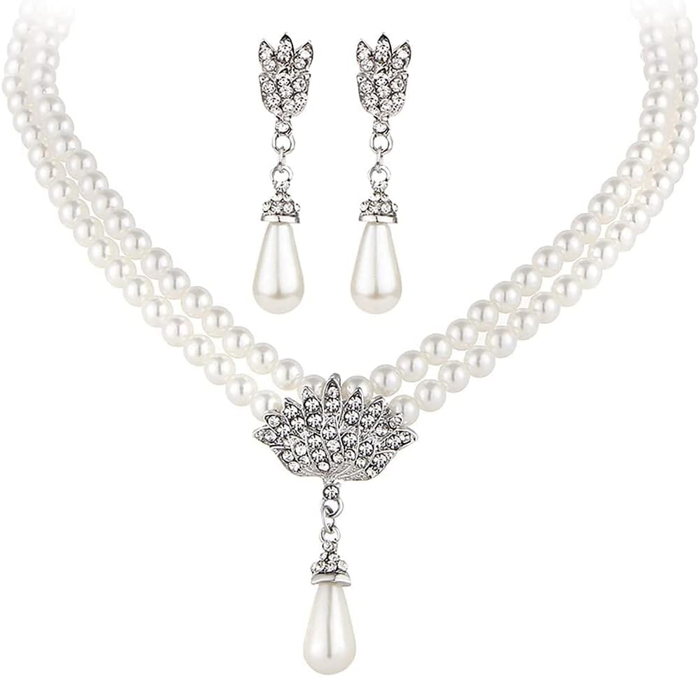 TOFBS Pearl Necklace Earrings Jewellery Set for Women Girls Bridal Jewelry Set Pearl Choker Set Weddings Party Birthday Anniversary Christmas Mothers Day Valentine's Day Gifts (#1)