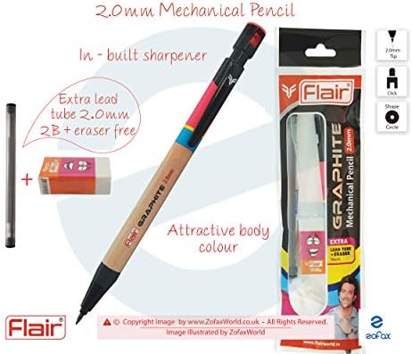 2.0mm FLAIR Graphite Sharpener Tipped Mechanical Pencil + 2B Lead Tube + Eraser (PINK Body)