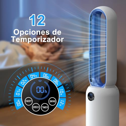 Bladeless Fan, Column Bladeless Floor Fan with Remote, 24 Speeds Silent Tower Fan 90° Oscillating, Touch Screen LED Display, 12H Timer, Brushless DC Pedestal Fan for Bedroom, Office (Blue)