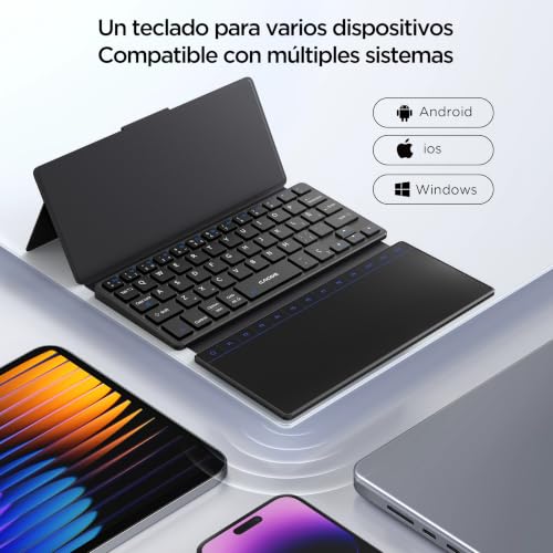 CACOE Mini Teclado Bluetooth con Panel Táctil para Teléfono Móvil, Ultrafino Plegable, Doble Canal, QWERTY Teclado con Soporte de Posición para Smartphone y Más iOS, Android, Windows, Negro con Panel