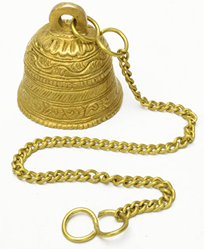 Brass Engraved Decorative Bell With Hanging Chain India Vintage Style
