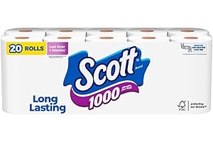 Scott 1000 Toilet Paper, 20 Regular Rolls, Septic-Safe, 1-Ply Toilet Tissue
