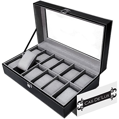Watch Box Organizer Pillow Case - 12 Slot Luxury Premium Display Cases With Framed Glass Lid Elegant Contrast Stitching Sturdy and Secure Lock for Men and Women Watch & Jewelry Large Holder Boxes