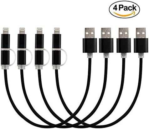 2-in-1 Lightning and Micro USB Cable [4 Pack 10 inches] Yalian Nylon Braided Charging/Sync Data for iPhone 7, iPhone 6, iPad, iPod, Samsung Galaxy and Android Black