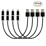 2-in-1 Lightning and Micro USB Cable [4 Pack 10 inches] Yalian Nylon Braided Charging/Sync Data for iPhone 7, iPhone 6, iPad, iPod, Samsung Galaxy and Android Black