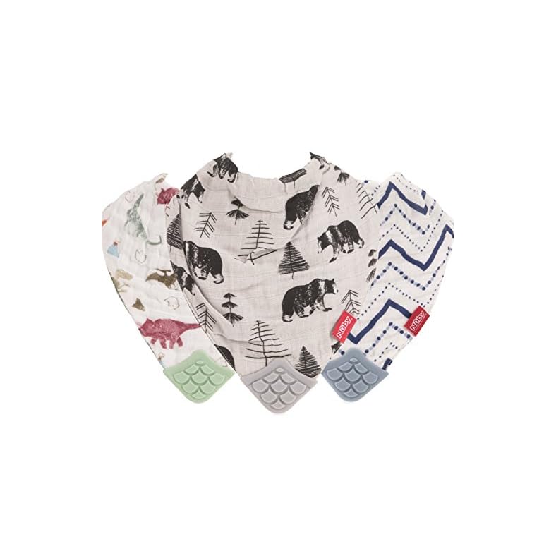 Nuby Reversible 100% Natural Cotton Muslin 3 Piece Teething Bib, Green/Grey/Blue, Dinosaur/Bear/Stripes