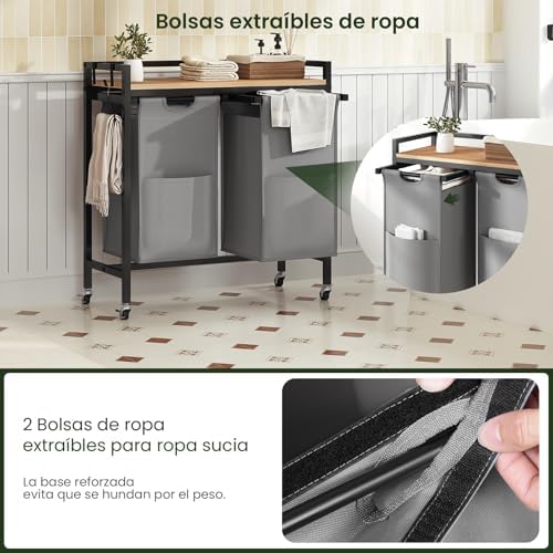 Cesto Ropa Sucia, 2 Bolsas Colada de 40 L, Cesta Ropa Extraíble, Mueble Ropa Sucia para Baño y Lavandería, Tela Oxford, Marco Metálico, 70x30x71 cm