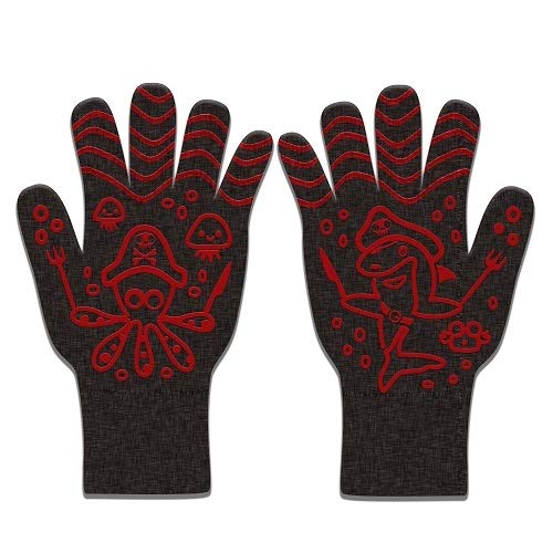 HIGHCAMP Heat Resistant Grill BBQ Gloves Oven Mitts - Hot Grilling Cooking Baking Frying Smoking Gloves with Toaster Bags - Perfect As Kitchen Household Camping Red