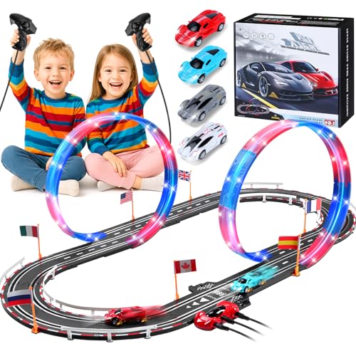 colmanda Electric Racing Track, Illuminated Car Track for Children 1:64 Track Cars -4 LED Cars, 360° Loop, Scart, Counter Turn, Circuit Car Children 3+ Years Toy Gifts (S)
