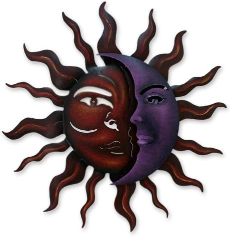 NOVICARed Purple Sun and Crescent Moon Large Steel Cutout Celestial Indoor Outdoor Wall Art 'Romantic Duality'
