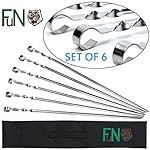 FuN Grill BBQ Skewers Stainless Steel Long 17" (6-Piece) with Bonus E-BOOK, Kebob Skewers Set, Reusable Flat Barbecue Sticks - Ideal for Shrimp, Hibachi, Shish Kebab - Non-Slip Ring Handle
