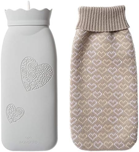 Silicone Hot Water Bottle Bag Grey no Leak and Smell for Menstrual Pain Relief Hot Cold Therapy with Knit Cover,Gift for Baby, Kids,Girls,Christmas, Valentine's Day
