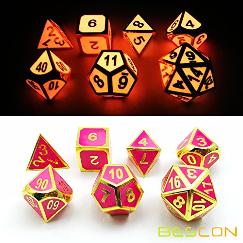 image for Bescon Super Glow in the Dark Metal Polyhedral Dice Set Golden and Ros