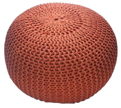 Eminence Home Large Round Pouf 50x50x40cm, Hand Knitted Cable Knit Bean Bag, Cord Boho Pouffe for Living Room, Bedroom, Nursery, Patio, Lounge, Rust.