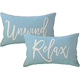 Relax Unwind Throw Pillow Covers 12x20 Farmhouse Spring Summer Decorative Lumbar Pillowcases Porch Patio Cushion Covers 2Pack for Bedroom Living Room Sofa Couch Home Decor (Light Blue)