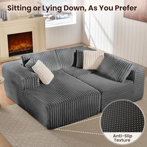 Fantico Modular Sectional Sofa Couch Luxurious Corduroy - High-Density Foam, Non-Slip Stability, Easy Setup with Box Packaging, Comfortable & Durable for Living Room, Apartment, Bedroom - Grey