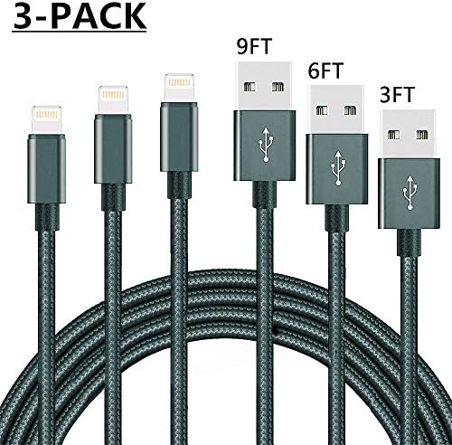 Lightning Cable 3Pack 10FT Nylon Braided Certified iPhone Cable USB Cord Charging Charger for Apple iPhone X, 8, 7, 7 Plus, 6, 6s, 6+, 5, 5c, 5s, SE, iPad, iPod Nano, iPod Touch (GreyWhite)