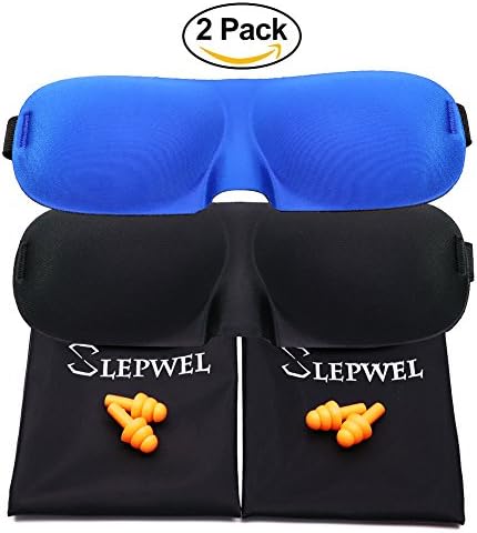 Slepwel Sleep Mask 3D Light Blocking Nose Shape Eye Mask Ultra lightweight &amp; Comfortable Sleeping Mask Adjustable Eye Mask with Earplugs for Men Women Kids, 2 Packs (black-blue)