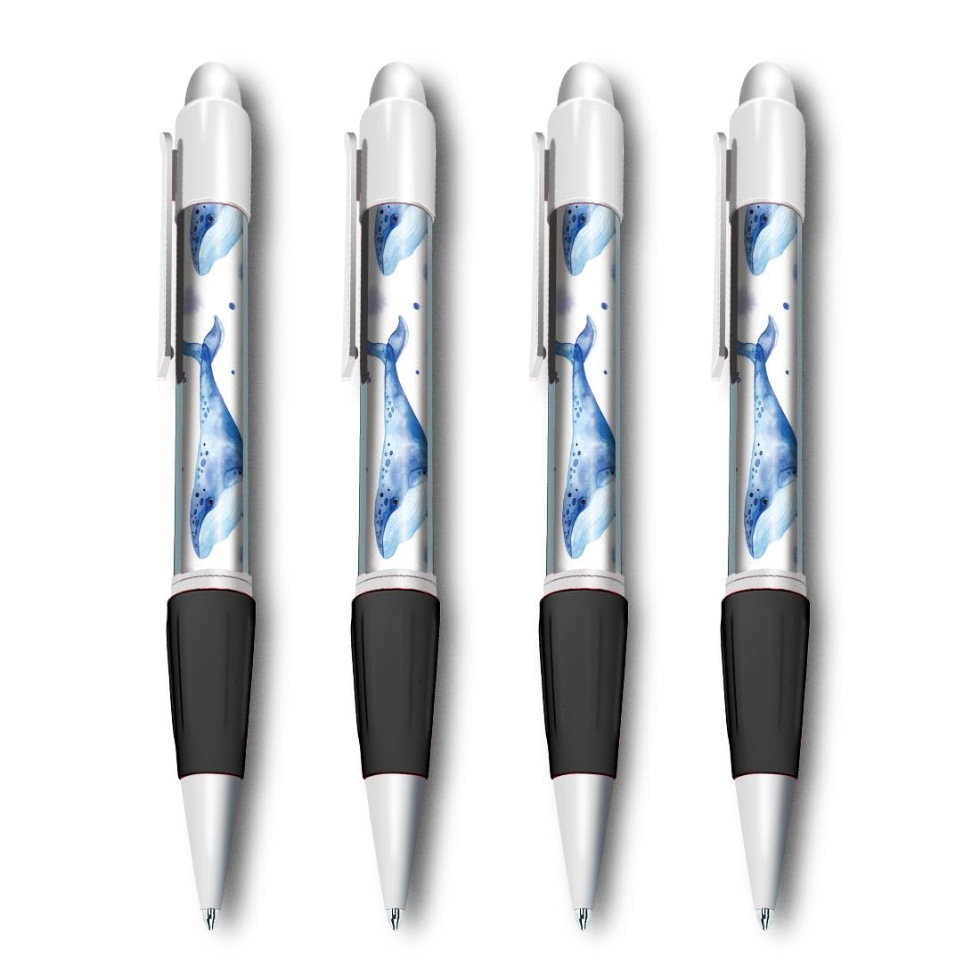 Set of 4 White Ballpoint Pens (Photo Insert) - Watercolour Whales & Dolphins Pattern - Soft Feel Finger Grip #170919