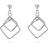 925 Sterling Silver Geometric Square Stud Earrings Hypoallergenic Jewelry Gifts,Minimalist Square Link Hanging Earrings for Women