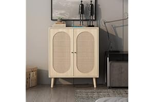 RARZOE Rattan 2 Doors Buffet Sideboard Cabinet, 2 Tier Adjustable Shelves Accent Cabinet, Free Standing Console Table Sideboard Buffet Cabinet for Entryway Kitchen Dining Room, Natural