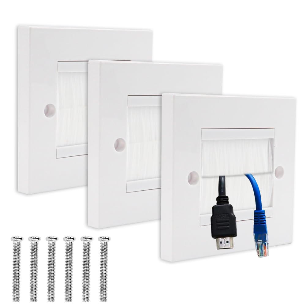 ADERTOS 3 PCS Brush Wall Plate Cable Passthrough Wall Outlet, Wall Mounted Brush Faceplate, Single Gang Cable Access Strap, Tidy Cable Pass Through Insert, Standard White Wallplate with White Brushes