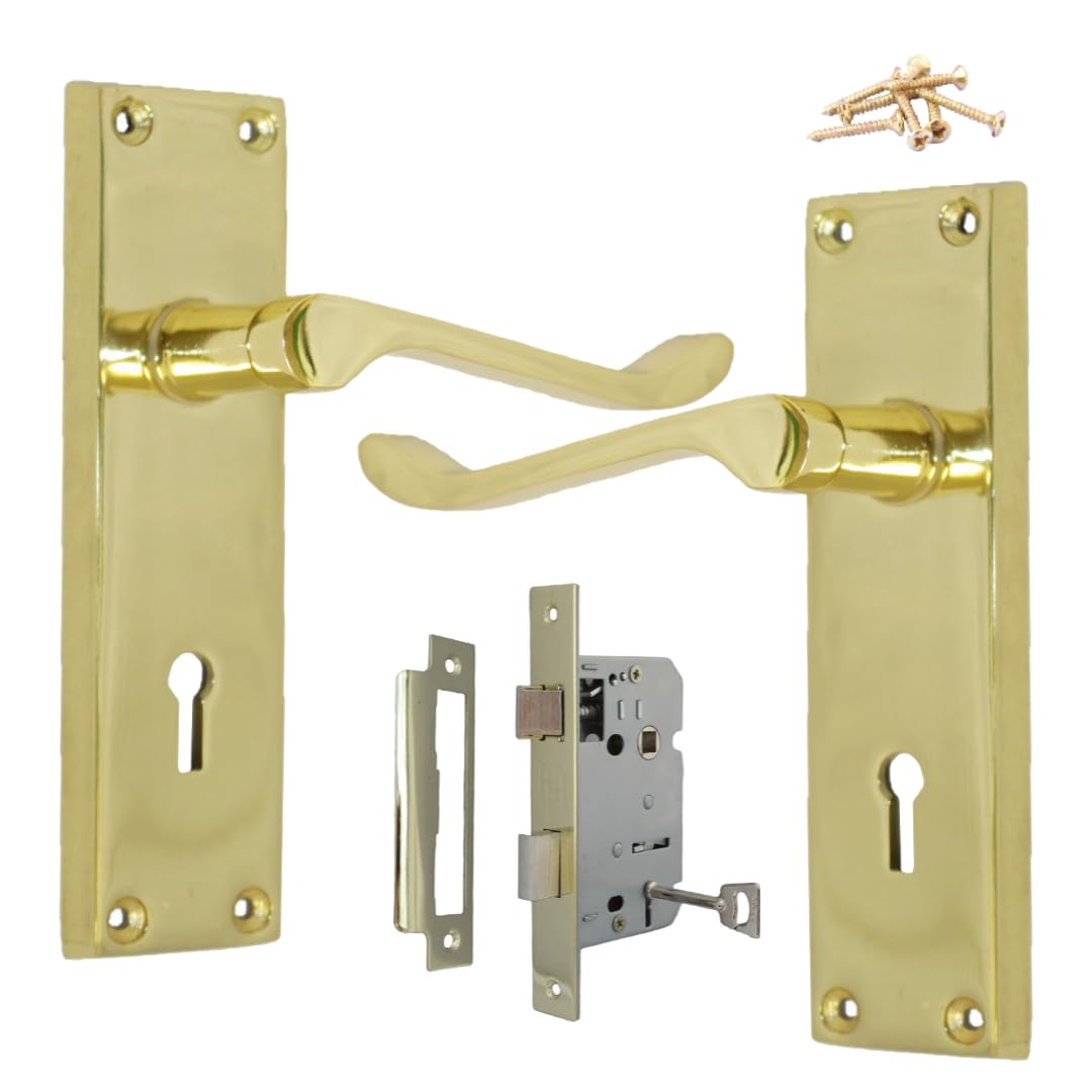 Discount Hardware UK Door Handle Sets, Victorian Scroll Brass Door Handles with Lock and Key, Bedroom Door Handle with Lock, External Door Lock and Handle Set with 3 Lever Door Lock with Keys