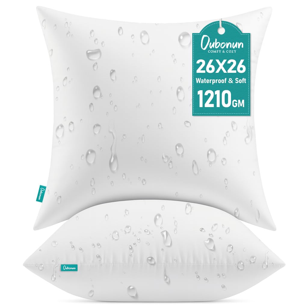 Oubonun 26x26 Waterproof Outdoor Pillow Inserts – Set of 2 Firm & Fluffy, Water Resistant Throw Pillows for Patio, Garden, Porch, or Indoor Decorative