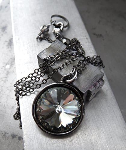 Rivoli Crystal Pendant Necklace with Dark Grey Swarovski Crystal, 18" Gunmetal Chain